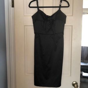 Black satin body con dress with front tie detail